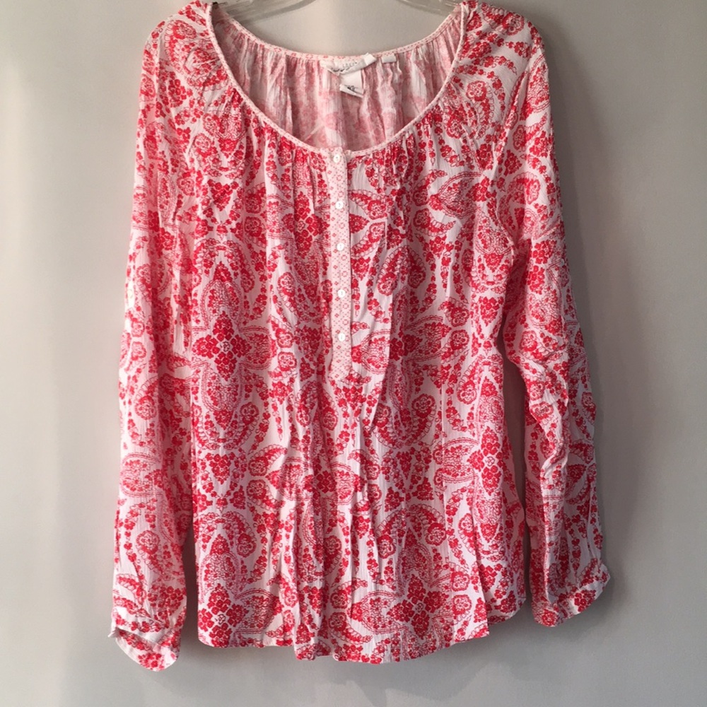 Red and white paisley blouse